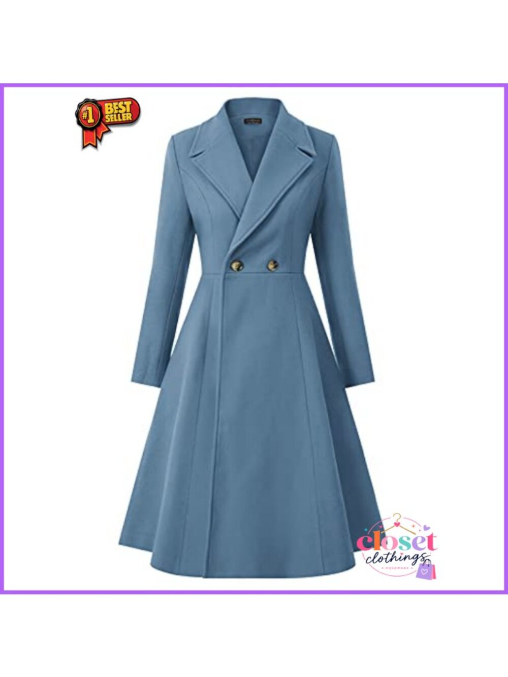 Women's Pea Coat Double Breasted A Line Long Trench Coat Winter Dress Coat